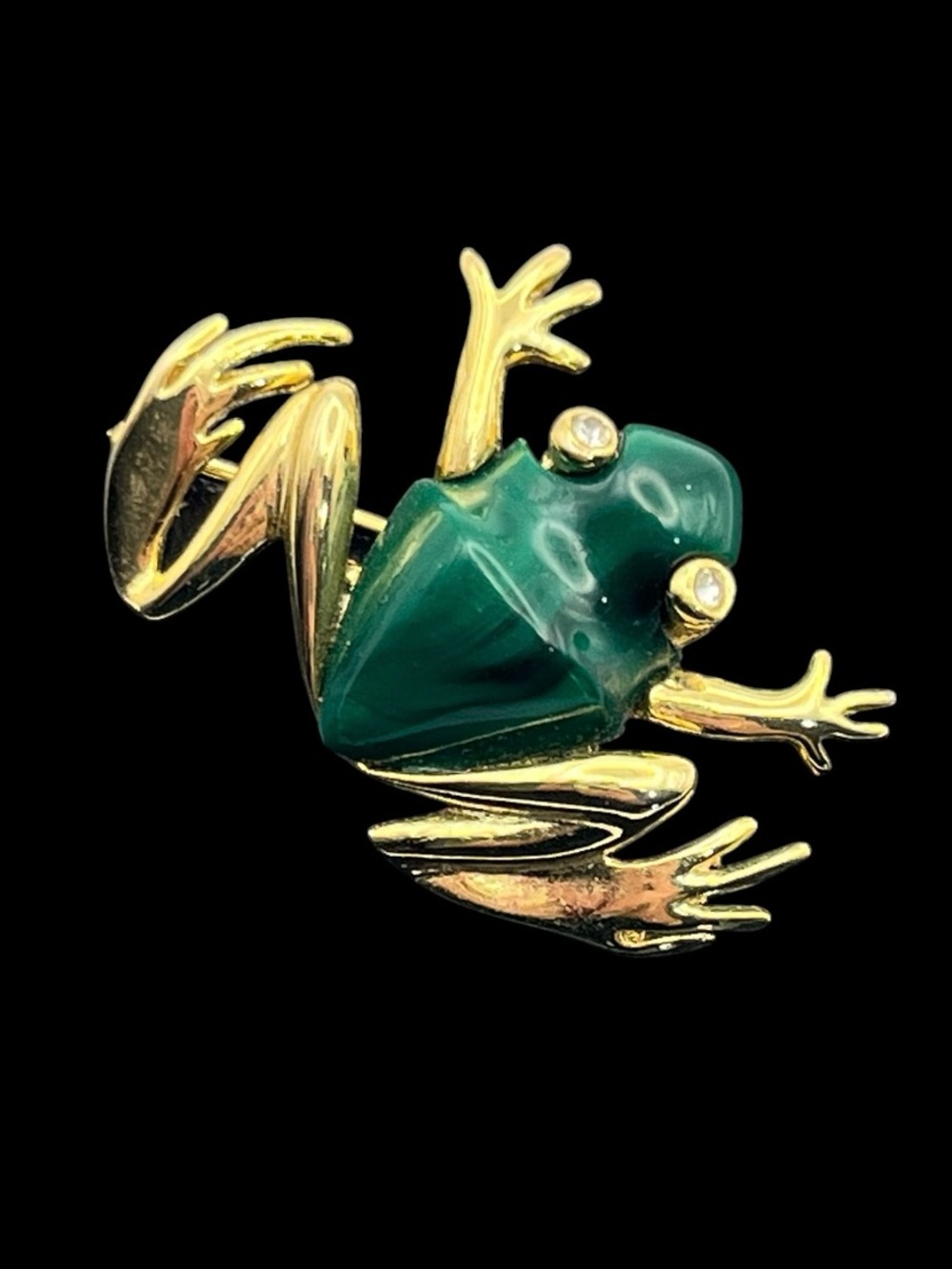 Green jelly belly reptile frog clear rhinestone gold tone brooch pin vintage